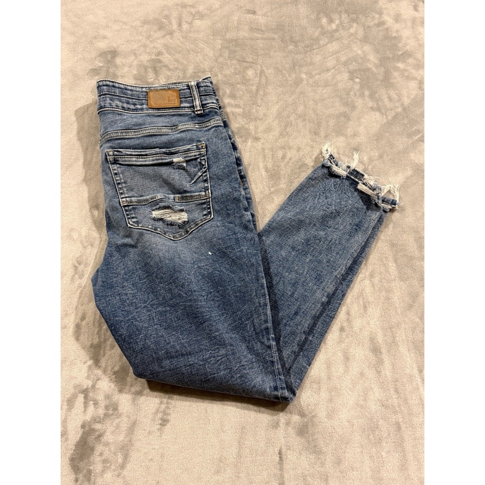BKE Payton Mid-Rise Ankle Skinny Jeans Blue Medium Wash Frayed Hem 32 X 27" EUC